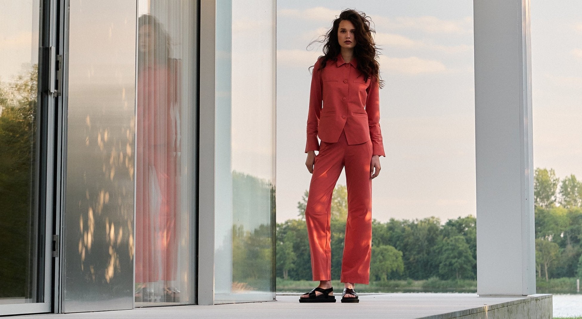 Woman wearing pink Japan TKY suit from the SPring Summer 2025 collection